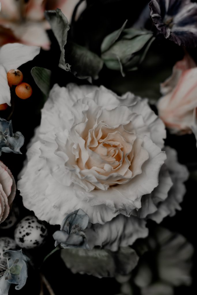 Extreme close-up of an intricately detailed, large blush pink ruffled rose- sugar flower, created using techniques learned from world-renowned designer Maggie Austin at a London workshop, showcasing luxury edible art.