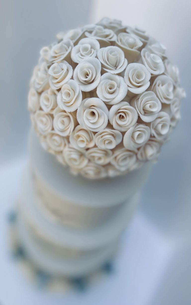 sugar flower wedding cakes - Ivory rose globe wedding cake topper featuring handcrafted sugar roses arranged in a delicate spherical design.
