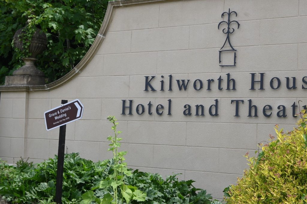 Personalised wedding signage welcoming guests to Grace and Dan’s celebration at Kilworth House in Leicestershire.
